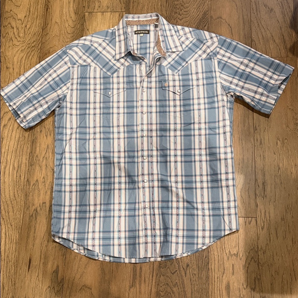 Stetson Blue and White Plaid Short-Sleeve Western Shirt
